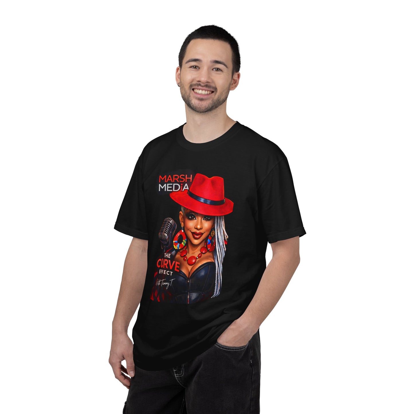 Marsh Media 'The Curve Effect' Graphic Tee – Red Hat Retro Microphone Design