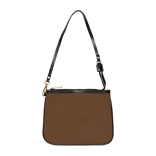 Small Shoulder Bag — Chic Brown Leatherette Purse with Gold Monogram Accent