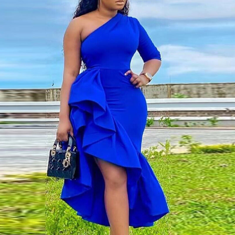 One Shoulder High Waist Large Size Slim Irregular Ruffle Gown Dress