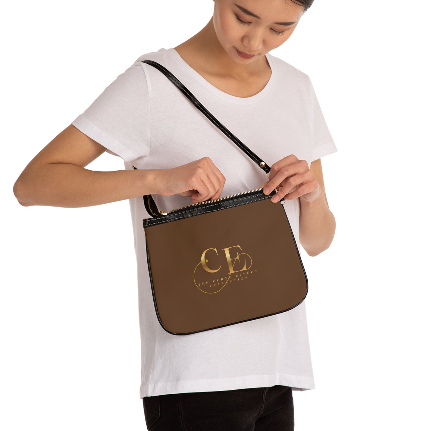Small Shoulder Bag — Chic Brown Leatherette Purse with Gold Monogram Accent
