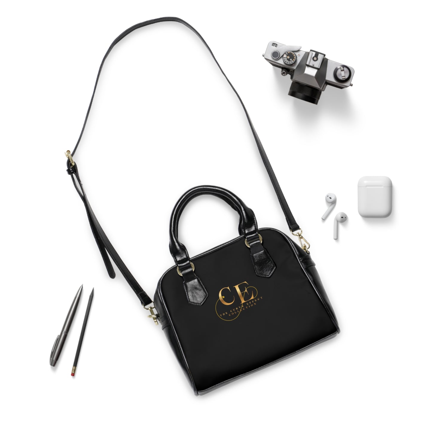 Copy of Monogrammed Black Shoulder Handbag — Elegant Gold Initials Tote