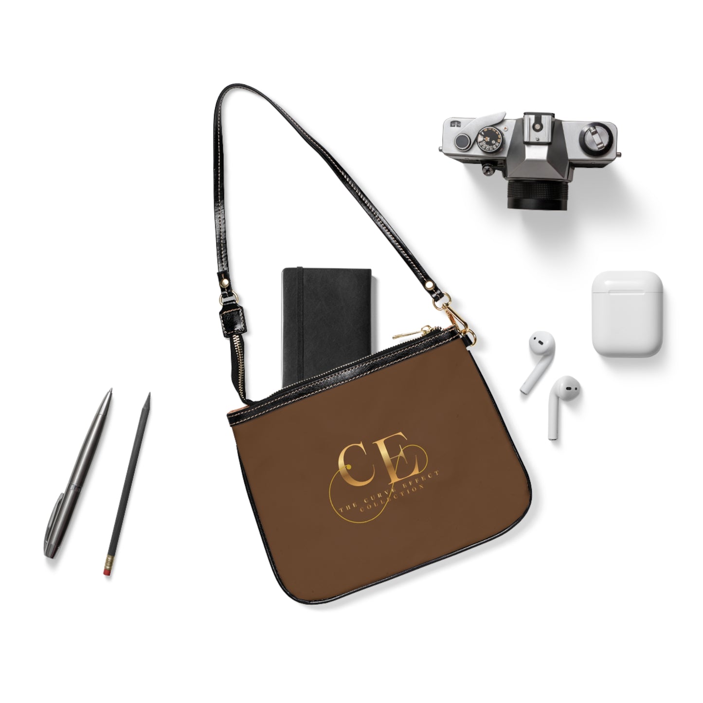 Small Shoulder Bag — Chic Brown Leatherette Purse with Gold Monogram Accent