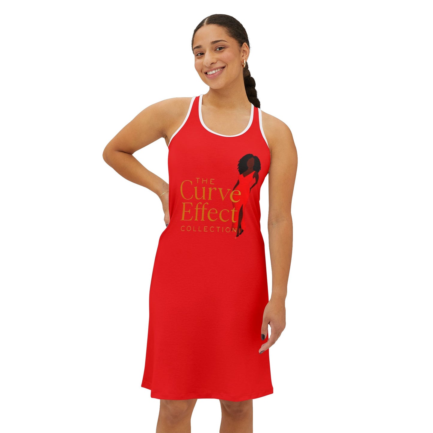 The Curve Effect Racerback Dress — Purple AOP Women’s Dress with Silhouette Logo
